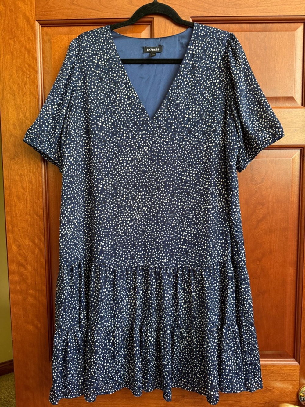 Express Navy and White Dot V-Neck Tiered Midi Dress